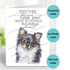 Langharige chihuahua hond zwart-wit A6 (4"x 6") condoleancekaart (blanco binnenkant) van Starprint Gifts and Designs. Blanco om je eigen bericht op te schrijven