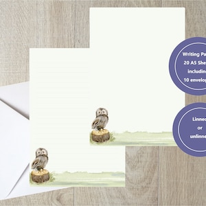 Bella carta da scrittura della fauna selvatica con un gufo su un tronco! (20 pagine, 10 buste).  Un oggetto fatto a mano da Starprint Gifts and Designs