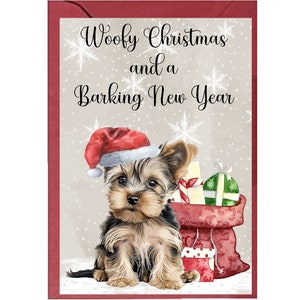ヨークシャー テリアの子犬 A6 (4"x 6") クリスマス カード (空白) スタープリント ギフトとデザイン。内側に独自のメッセージを書き込むための十分なスペースがあります。