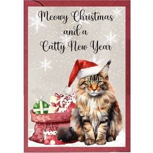 Carte de Noël Maine coon chat A6 (4 x 6 po.) (intérieur vierge). Beaucoup d'espace pour votre propre message à l'intérieur.