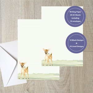 Bella carta da scrittura della fauna selvatica con un divertente cervo giocoso (20 pagine, 10 buste).  Un oggetto fatto a mano da Starprint Gifts and Designs