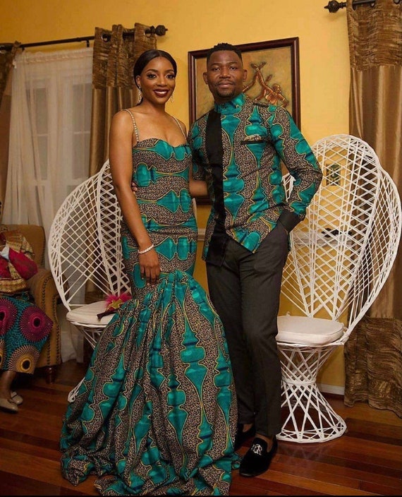 Traditional Couple in Simple Strapless Dress and Classic Blue Suit