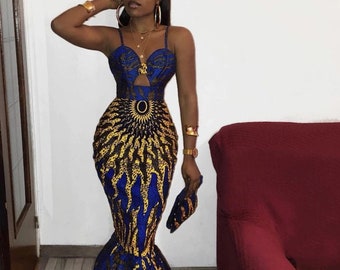 Abito con stampa africana, abito Ankara per matrimonio tradizionale, abito da sirena Kente, abito africano Fit and Flare, abito da sposa africano