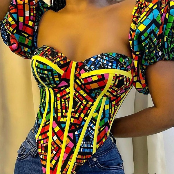 Haut corset imprimé africain pour femmes, haut corset Ankara pour femmes, hauts corset pour l'été, hauts corset Ankara pour les vacances