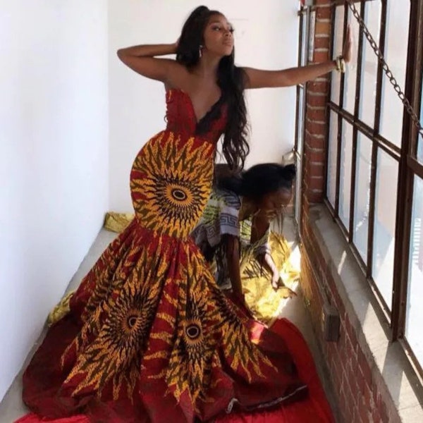 Ankara Meerjungfrau Kleid, Afrikanisches Hochzeitskleid, Kleid für Hochzeitsgäste, Kleid für afrikanische Hochzeit, Waianae Themenkleider
