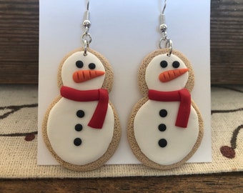 Snowman Christmas Cookie Handmade Polymer Clay Dangle Earrings, Christmas Earrings, Sugar Cookie Earrings, Snowman Earrings