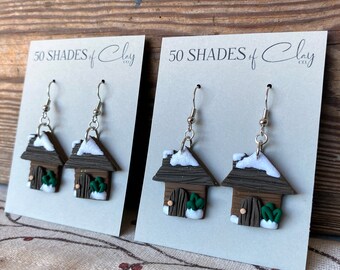 Snow Covered Cottage Earrings, Winter Cottage Earrings, Log Cabin Earrings, Polymer Clay Earrings, Christmas Earrings, Winter Earrings