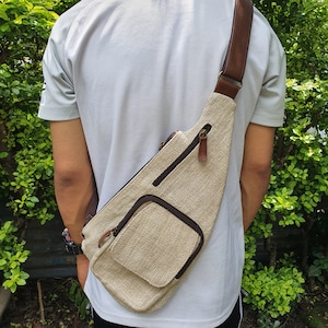 Natural & Organic Hemp Leather Sling Bag-Unisex Eco-friendly Boho Bag for Festival Travel-Handmade Hippie Wedding Anniversary Gift for Him