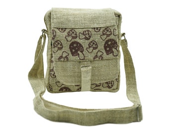 100% Pure Hemp Canvas Messenger Bag, Mushroom Printed Mini Crossbody Bag for Women-Men, Sturdy Passport Wallet, Hippie Handmade Gift for Him