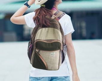 Boho Handmade Hemp Plain Aesthetic Backpack, Trendy Back to School Bag with 5 Compartment, Ultralight Laptop Backpack Traveler Gifts for Him