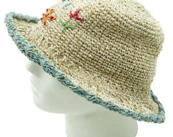 Cute Little Flower Embroideries Crochet Hemp Hat, Handwoven Beach Hat, Pretty Boho Outfit, Cool Color Unisex Hat, Sunny Beach Hat, Mom Gift