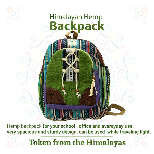 Natural Fabric School Backpack with Zig-Zag Pattern, Eco-friendly Hemp Boho Back to School bag for Kids, Light Laptop bag for Books Bottles