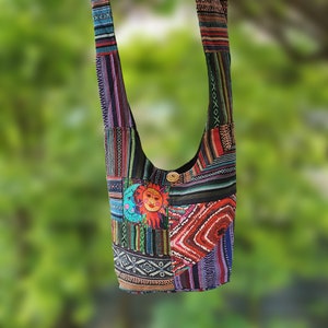 Unisex Screen Printed Gheri Stripe Cotton Boho Shoulder Bag-Natural & Organic Handmade Outdoor Travel Patchwork Crossbody Bag-Gift For Her