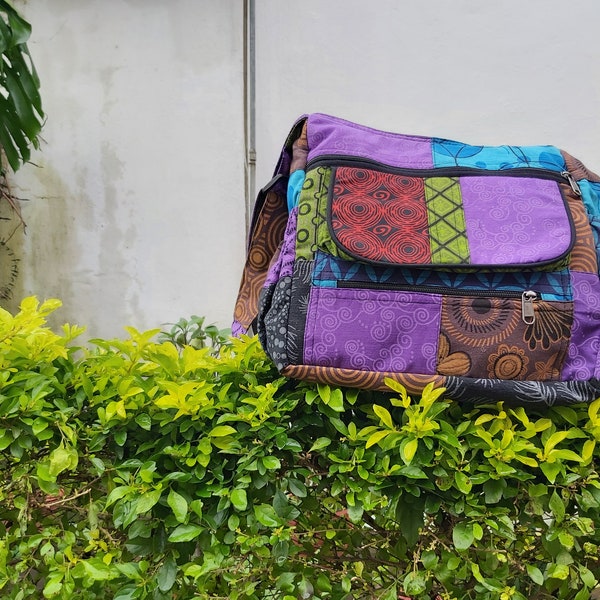 Trendy Unisex Cotton Patchwork Crossbody Bag-Organic & Vegan Boho Hippie Shoulder Bag-Handloomed Everyday Outside Festival Bag-Gift for Her