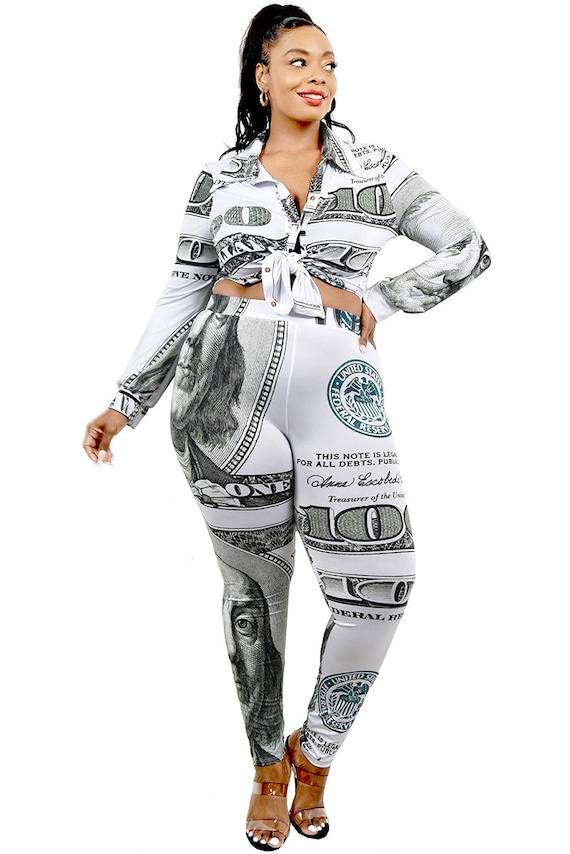 Plus Size Money Benjamins Print Leggings Long Sleeve Top Two Piece Set