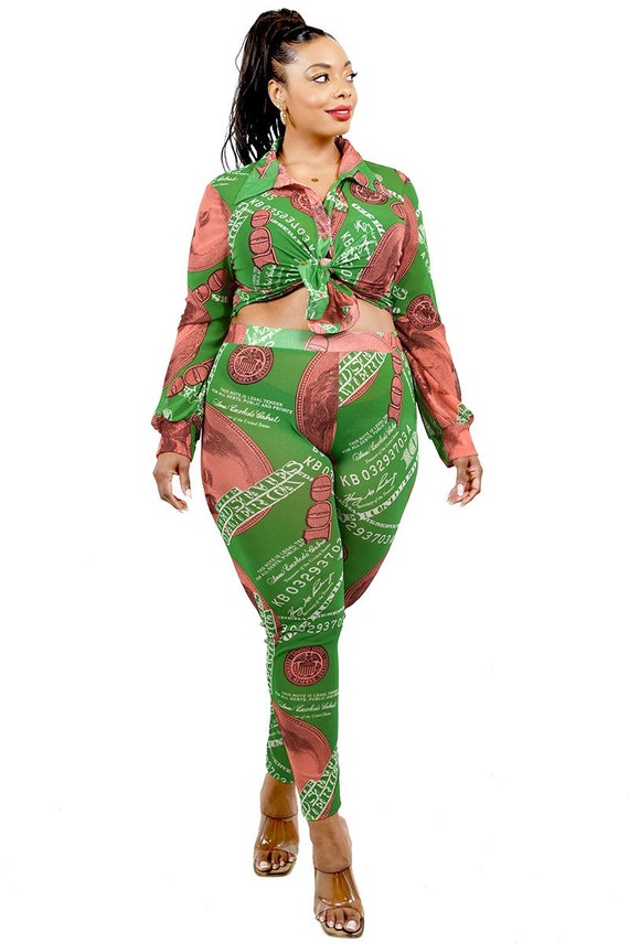 Plus Size Money Benjamins Print Leggings Long Sleeve Top Two Piece Set