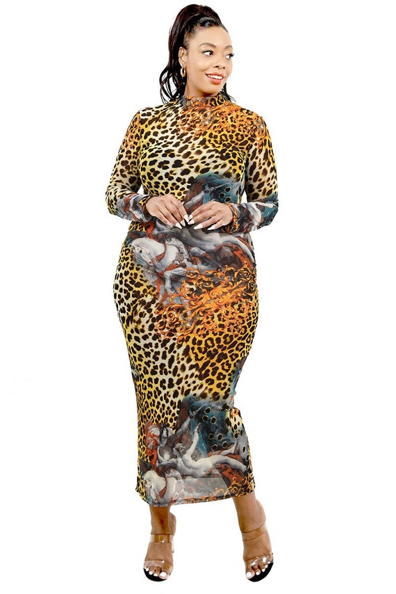 Animal Print Plus Size Dress Sheer Mesh Maxi