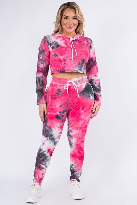 Plus Size Leggings Cropped Tie Dye Hoodie Set
