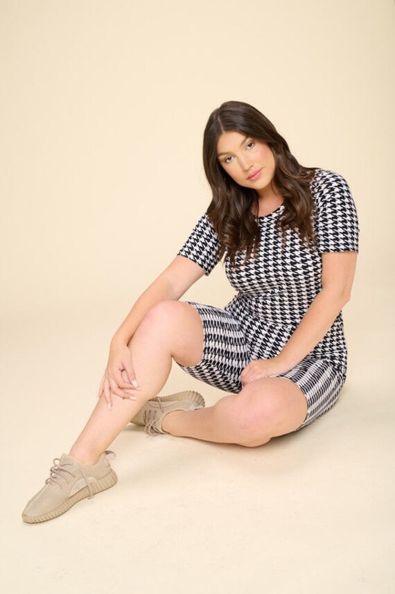 Plus Size Jacquard Printed High Waisted Biker Shorts and Tee Two Piece Set
