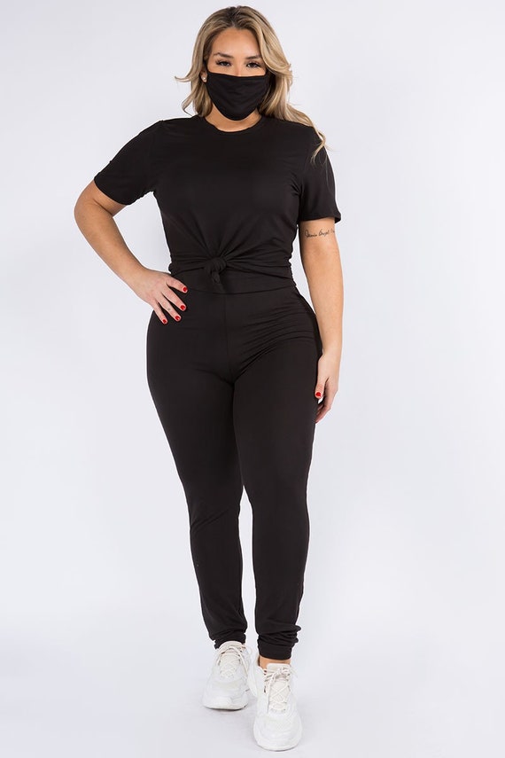 Plus Size Leggings Top Mask 3 Piece Set