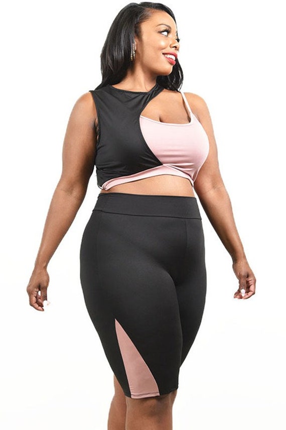 Plus Size Color Block 2 Piece Shorts Set