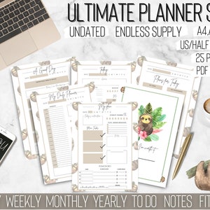 Faultier Printable ADHS Planner Täglich Wöchentlich Monatlich Jährlich, Planer Einlagen, A4/A5/A6/US Letter/halbe Größe, PDF, PNG, Drucke, Planer, Pomodoro