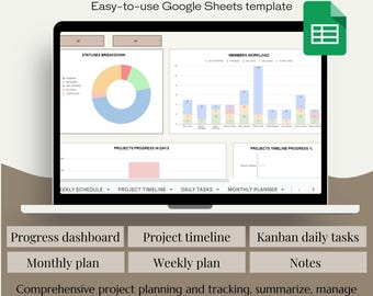 Project Management Google Sheets Template, Task Tracker, Calendar Planner, Project Management Tool, Kanban, Google Sheet, Small Business