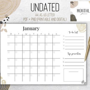Undated Monthly Planner, Printable planner, Planner set, Planner Inserts, Instant Download, A4/A5/ US Letter, wide, Boho, Beige, Planners