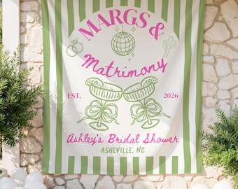 Benutzerdefinierte Margs und Matrimony Junggesellinnenparty Banner, Margaritas Party Tapisserie, personalisierte Brautdusche Kulisse, Strand Hen Party Decor