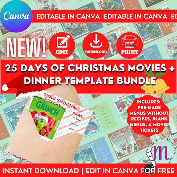 25 Days of Christmas Editable Mystery Dinner and Movie Printable Cards | Holiday Printable Cards For Movie Party Night | Digital Download