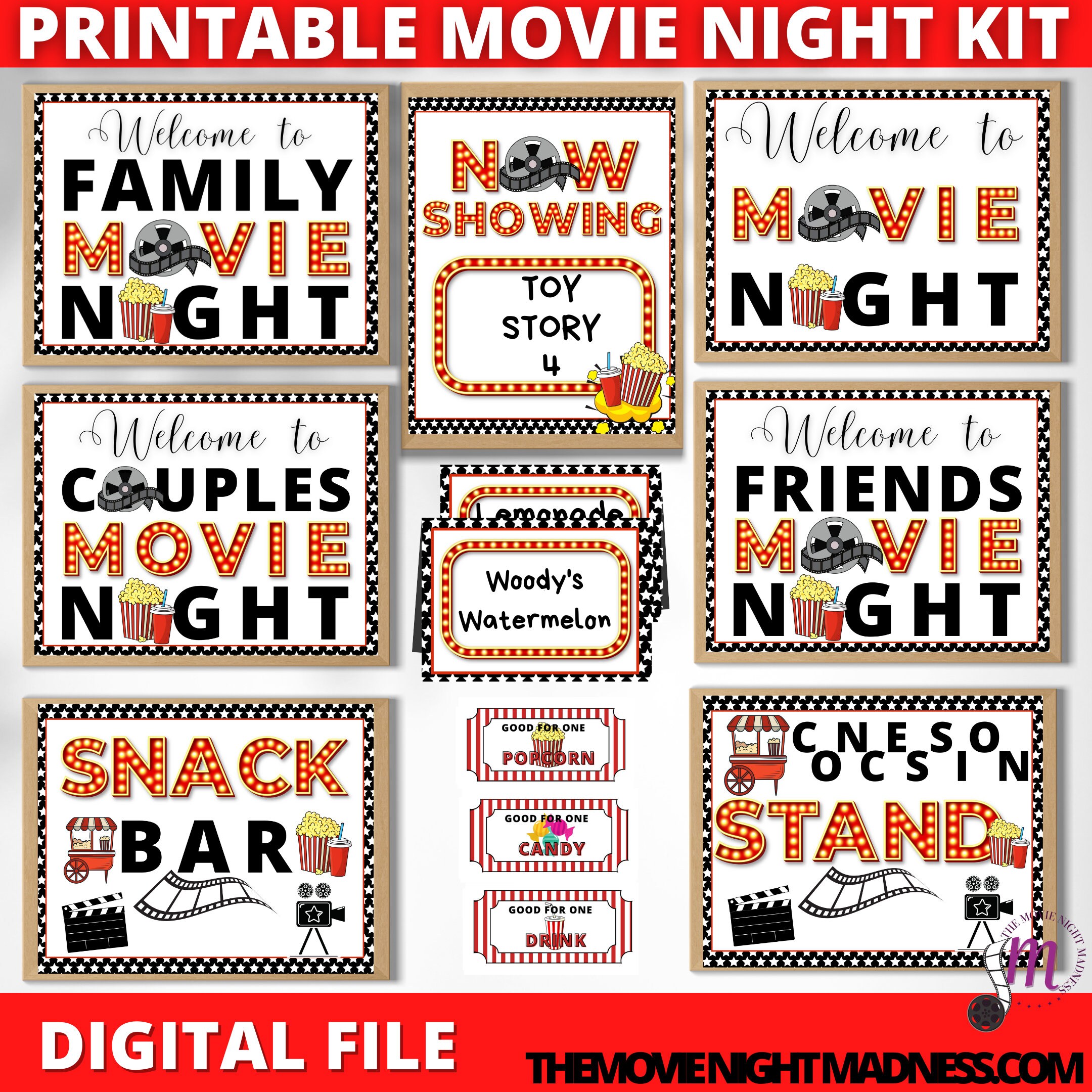 7 Movie Night Printable Signs, Food Labels and Movie Tickets Included ...