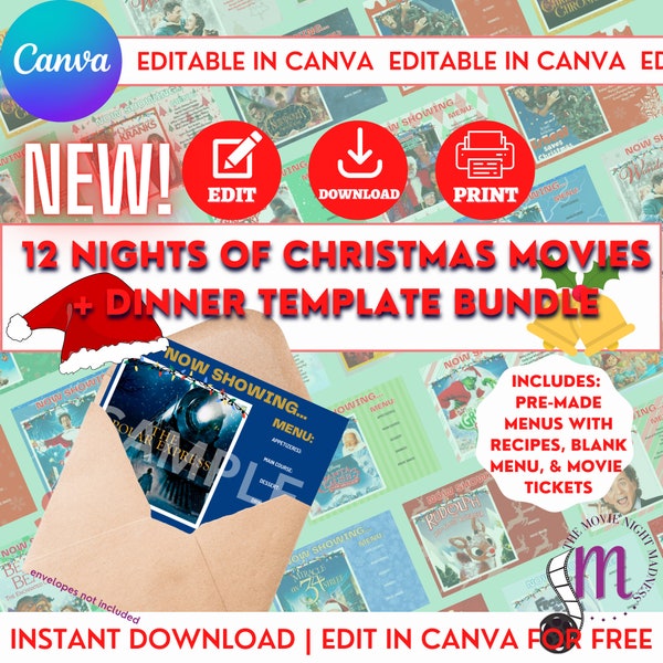 12 Days of Christmas Editable Mystery Dinner and Movie Printable Cards, Instant Digital Download, Tickets and Menus Included, Dinner Date