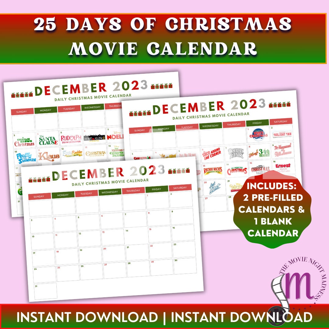 25 Days of Christmas Movie Calendar Printable Christmas Movie Etsy