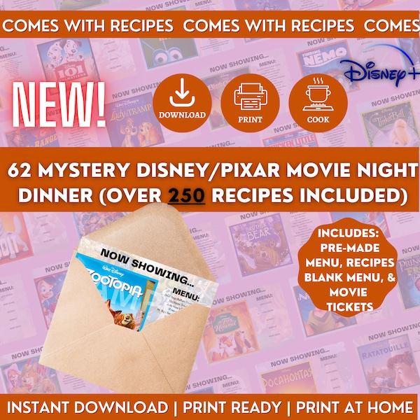 62 Mystery Dinner and Movie Digital Cards | Printable Cards With Recipes For Date Night Ideas | Gift For Girlfriend | Digital Download