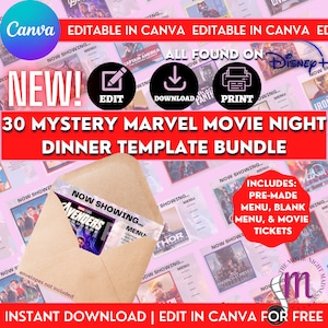 NEW! 30 Editable Mystery Dinner and Movie Printable Cards, Instant Digital Download, Tickets and Menus Included, Magical Dinner Date Menu