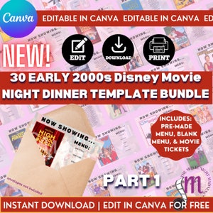 30 Editable Mystery EARLY 2000s Dinner and Movie Printable Cards, Instant Digital Download, Tickets + Menu Included, Themed Dinner Date Menu