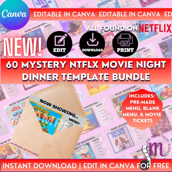 NEW! 60 Editable Mystery Dinner and Movie Printable Cards, Instant Digital Download, Tickets and Menus Included, Magical Dinner Date Menu