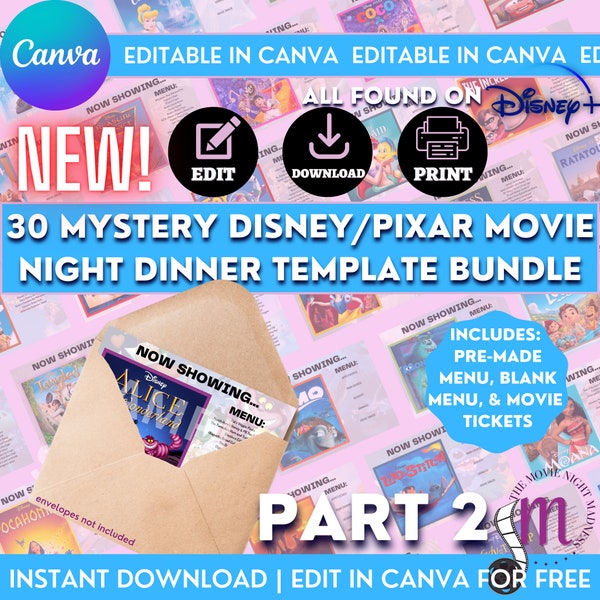 NEW! 30 Editable Mystery Dinner and Movie Printable Cards, Instant Digital Download, Tickets and Menus Included, Magical Dinner Date Menu