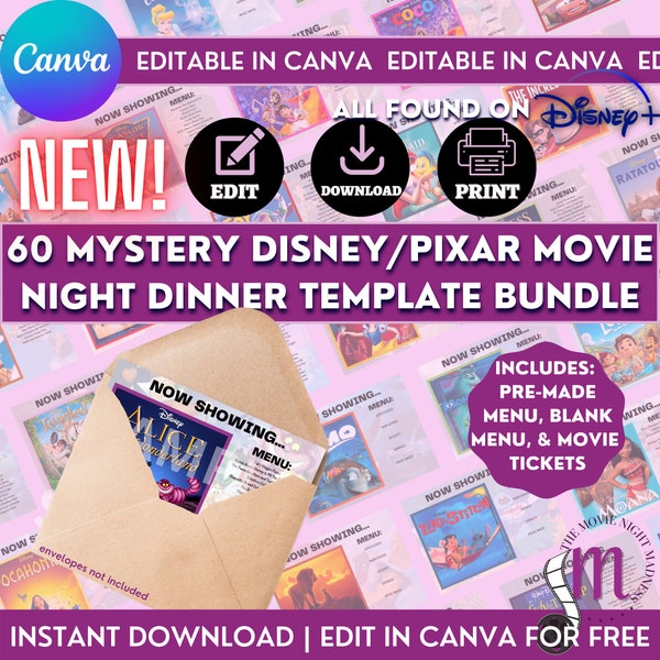 60 Editable Mystery Dinner and Movie Cards | Printable Menu Cards With Recipe For Movie, Date Night | Movie Lover Gift | Digital Download