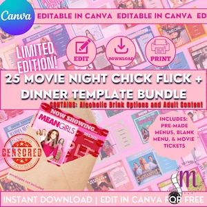 EDIÇÃO LIMITADA! 25 Chick Flicks Editáveis Mistério Jantar e Filme Cartões Imprimíveis, Download Digital Instantâneo, Menus Incluídos, Noite das Meninas em Encontro