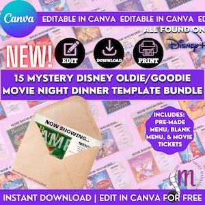 NEW! 15 Editable Mystery OLDIES but GOODIES Dinner and Movie Menus, Instant Digital Download, Tickets Included, Magical Dinner Date Menu