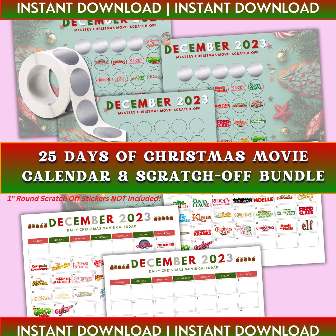 25 Days of Christmas Movie Calendar Printable, Christmas Movie Scratch