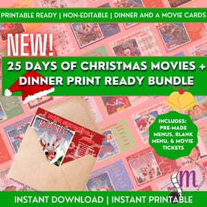 25 Days of Christmas Mystery Dinner and Movie Cards | Printable Card For Party, Movie Night, Winter Holiday Gift | Digital Download