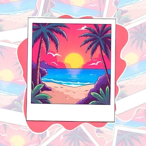 Tropical Sunset Polaroid Sticker – Retro Beach Aesthetic Vinyl Decal for Water Bottles, Laptops & Journals