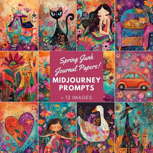 Midjourney Prompts for Colorful Springtime Junk Journal Papers Creation, Midjourney Prompts For Colorful Illustrations, Folk Digital Papers