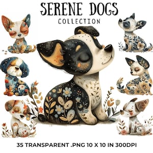 Quirky Dog Clipart PNG Bundle Whimsical Dogs Sublimation Animals Filhote de cachorro caprichoso, Serene Folk Clip Art Dogs, Folk Cute Dogs, Uso comercial