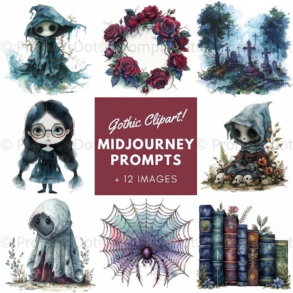 Midjourney Prompts for Gothic Clipart Creation, Dark Fantasy Clipart, Gothic Roses Prompts, Spooky Watercolor Gothic, Commercial Use