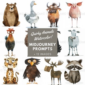 Midjourney Prompts for Quirky Animal Clipart Creation, Watercolor Clipart Prompts, Whimsical Animals, Quirky Animals Prompts, Farm, Woodland