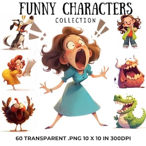 Bundle de cliparts drôles de personnages, sublimation d'animaux fantaisistes, drôles de gens PNG, clipart personnages cris, animaux insolites rigolos