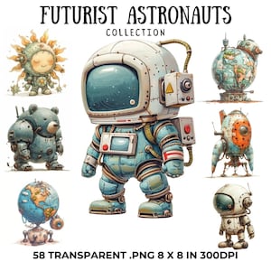 Astronaute et clipart aquarelle espace, impression numérique espace, Style Steampunk, clipart espace extra-atmosphérique, téléchargement immédiat, usage Commercial